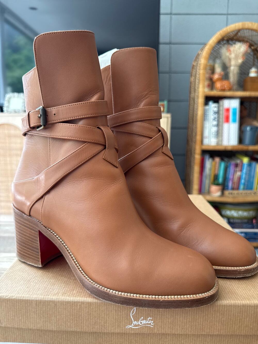 Christian Louboutin KARISTRAP Brown Leather Bootie Block Heel Red Sole sz EU 37